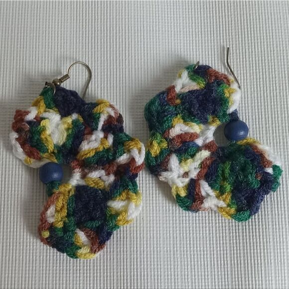 Handmade Multicolored Acrylic Lightweight Crochet Half Flower Dangle Earrings - Picture 6 of 9